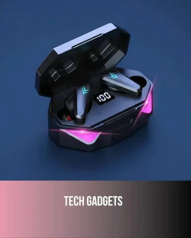 Tech Gadgets collection featuring gaming wireless earbuds with RGB pink lighting, LED battery display showing 100%, in a futuristic black charging case on dark blue background