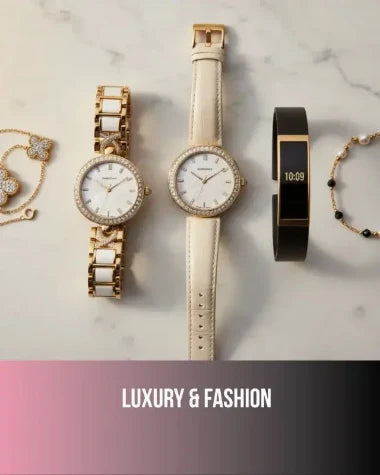 Luxury & Fashion collection featuring diamond-studded gold watches, cream leather strap timepiece, smart fitness bracelet, and elegant gold jewelry on marble background
