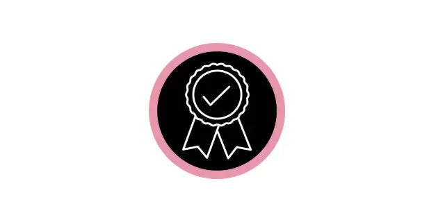 Quality guarantee icon - white award ribbon with checkmark on black circle with pink border