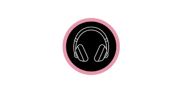 Headphones category icon - white headphones outline on black circle with pink border