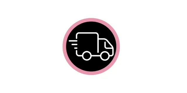 Fast shipping icon - white delivery truck with speed lines on black circle with pink border