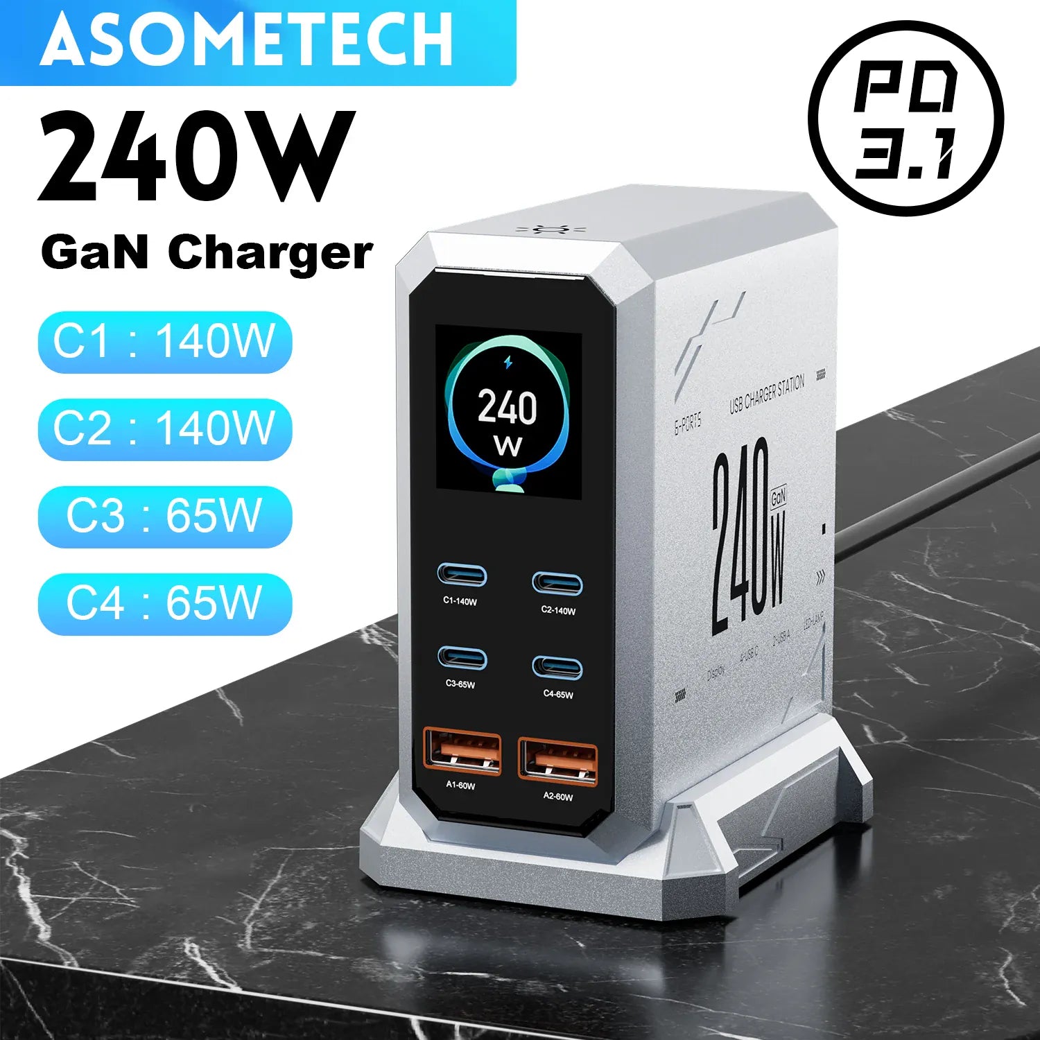 High-Tech Lindjee EU Plug 240W GaN Charger PD3.1 140W USB