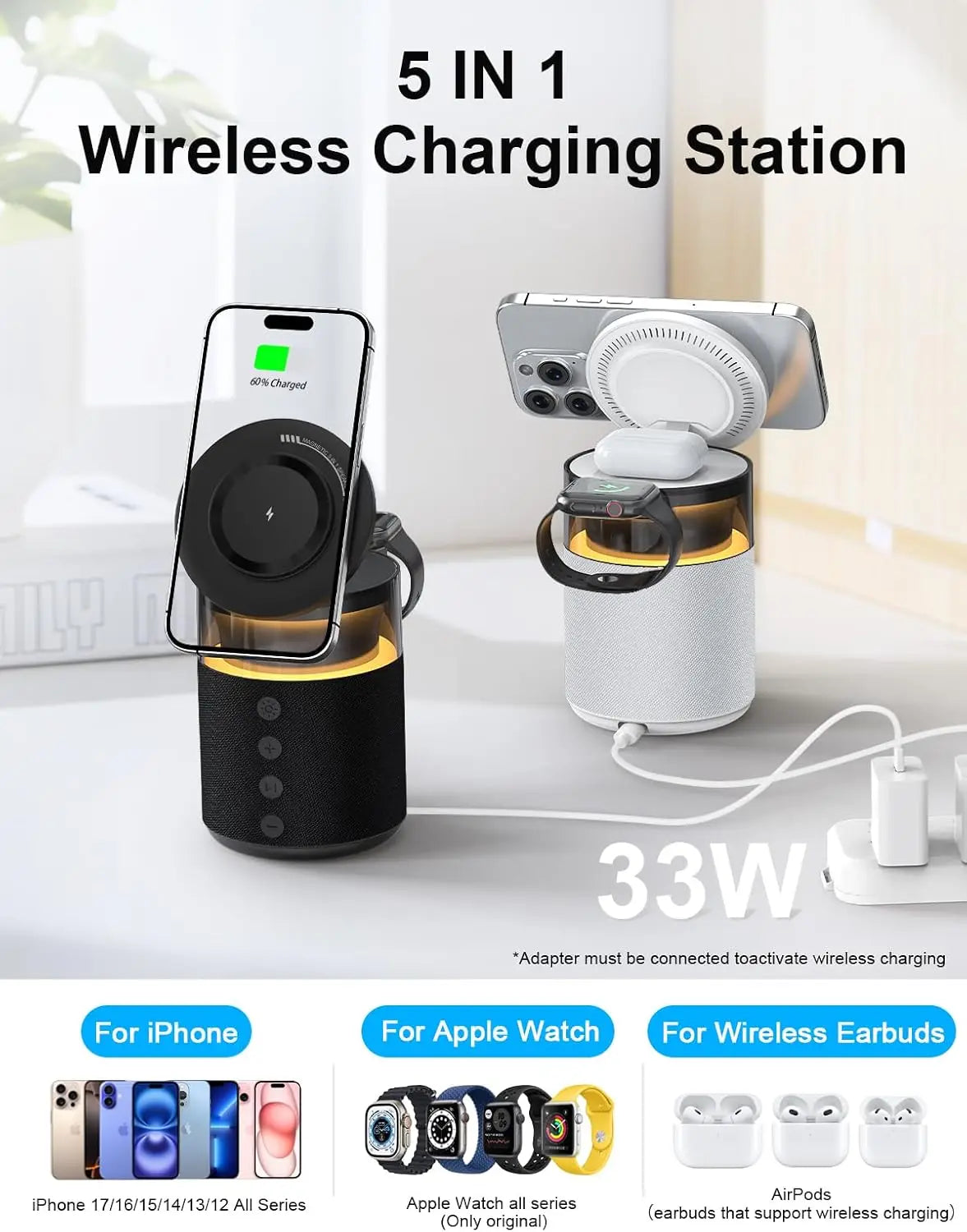 High-Tech Lindjee 5-in-1 Magnetic Wireless Charging Station with Bluetooth Speaker - product overview