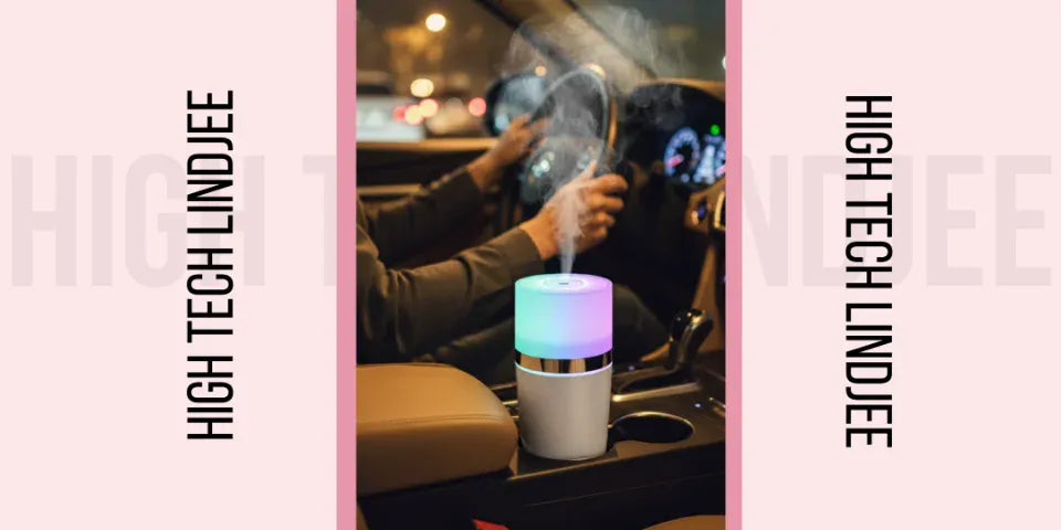 High Tech Lindjee - RGB car humidifier with colorful LED mist light in vehicle cup holder while driving
